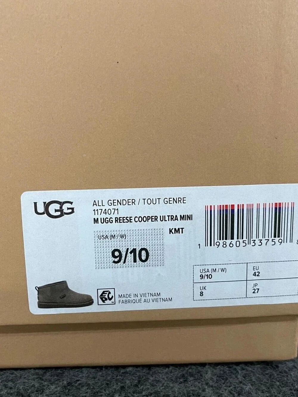 UGG Reese Cooper Ultra Mini Boot Men's Size US 9/ 10 W Kalamata Gore Tex New